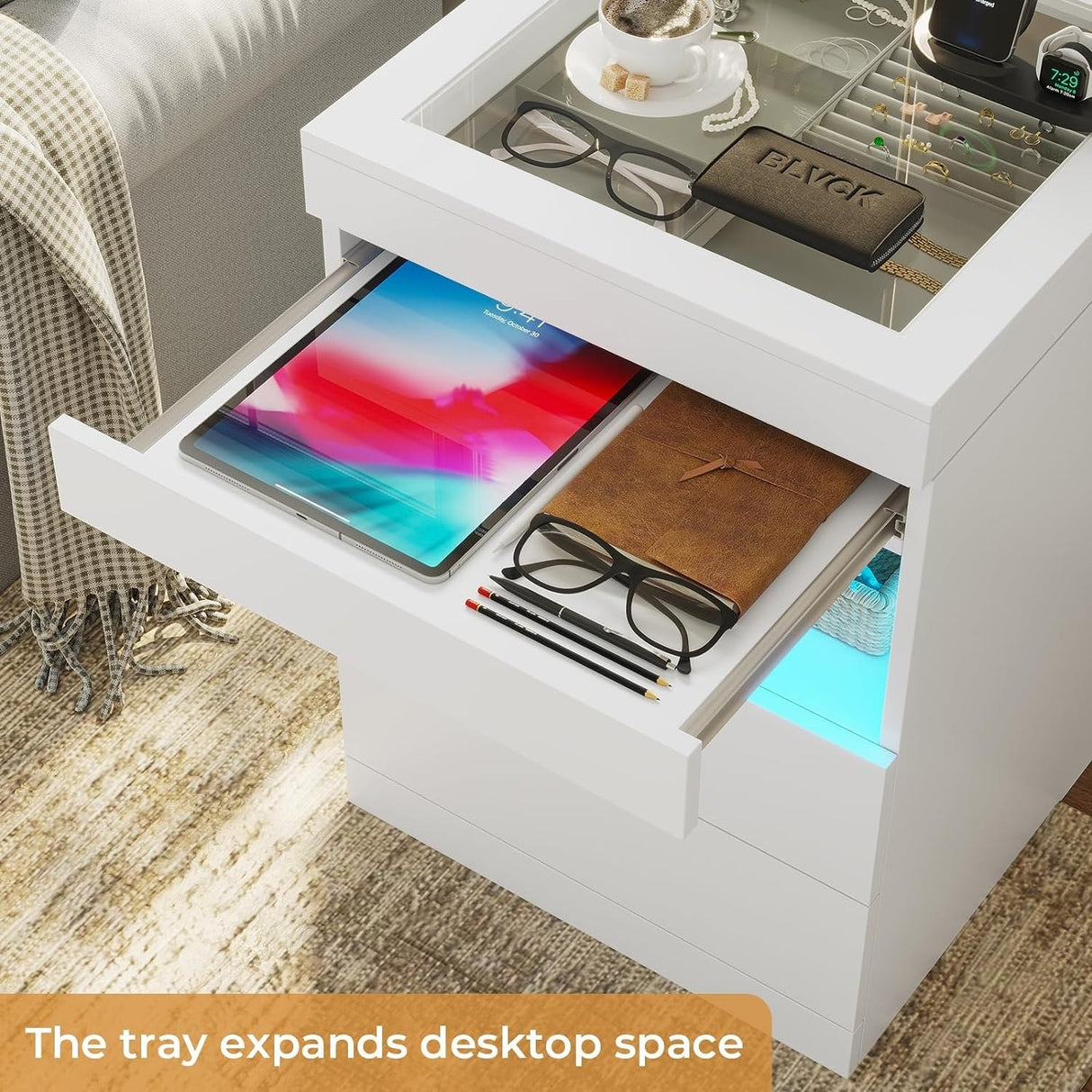 LED Nightstand Glass Top Sliding Top & Jewelry Tray 2 Drawers