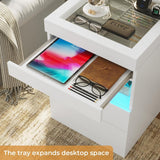 LED Nightstand Glass Top Sliding Top & Jewelry Tray 2 Drawers