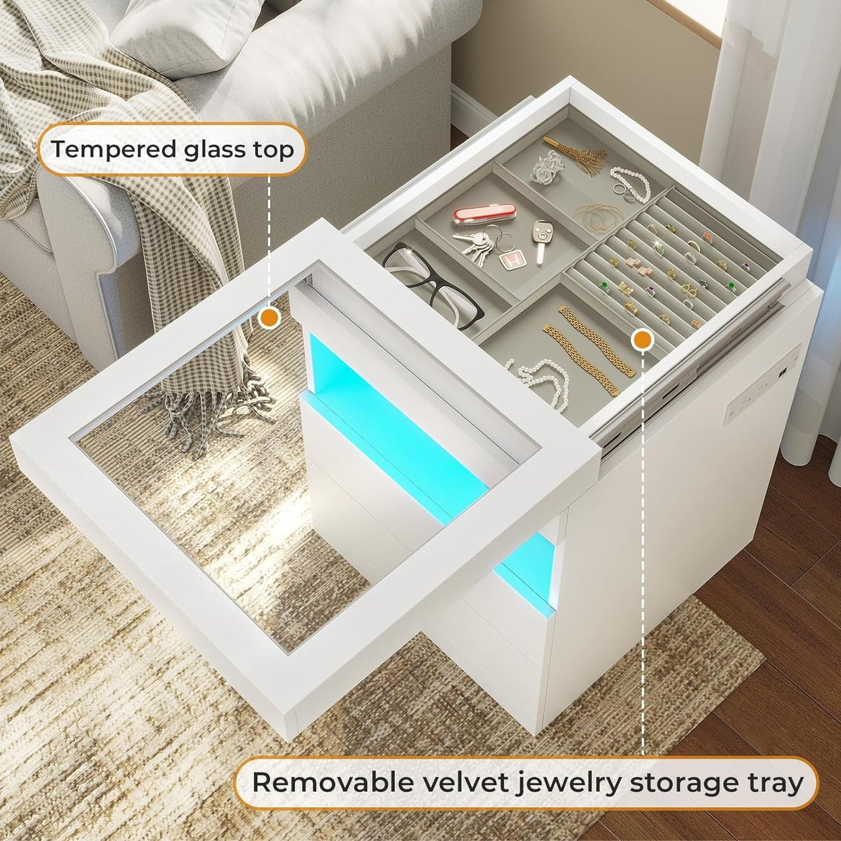 LED Nightstand Glass Top Sliding Top & Jewelry Tray 2 Drawers