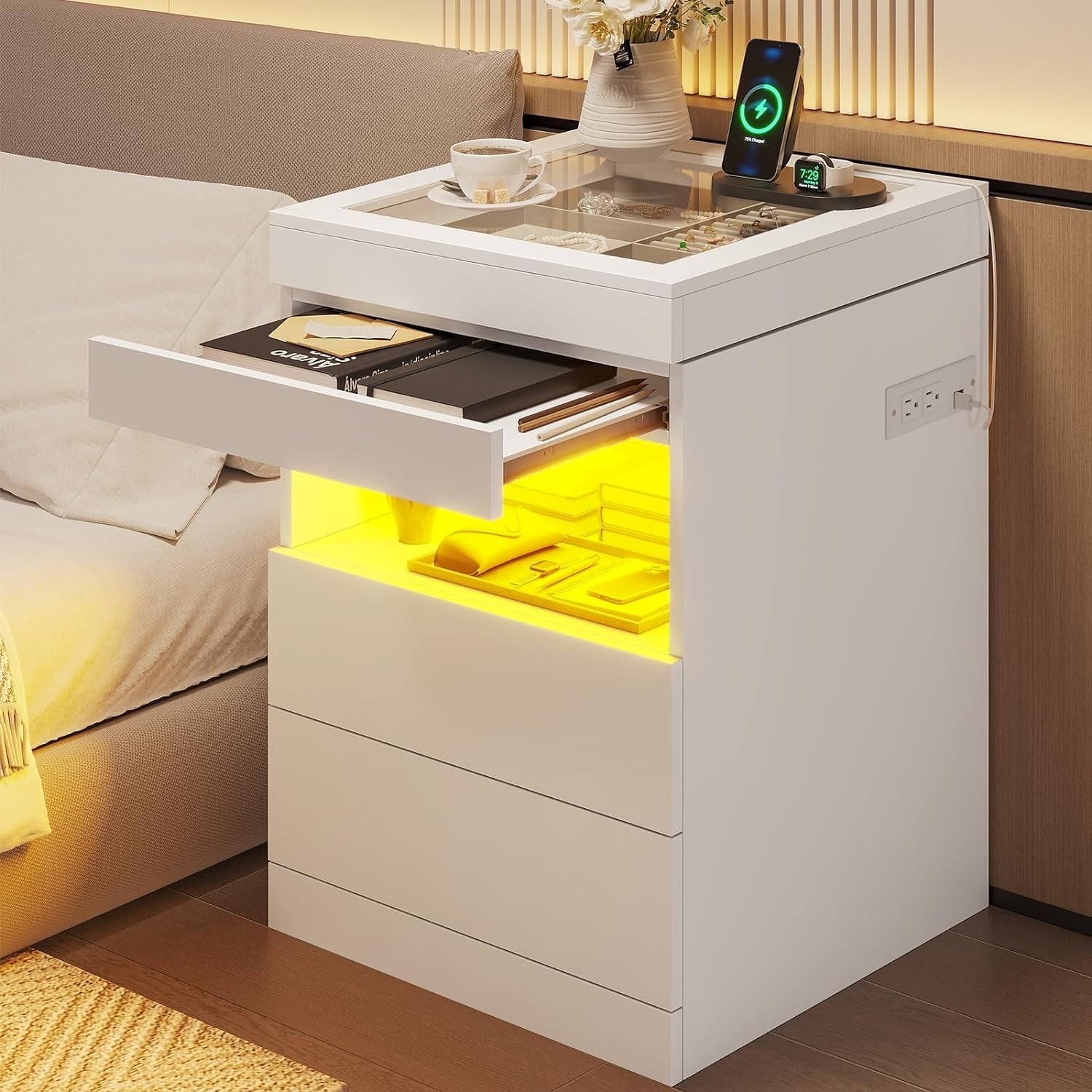 LED Nightstand Glass Top Sliding Top Jewelry Tray 2 Drawers Overstock