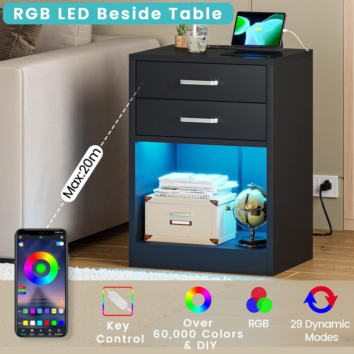 LED Nightstands Set of 2 Nightstands for Bedroom