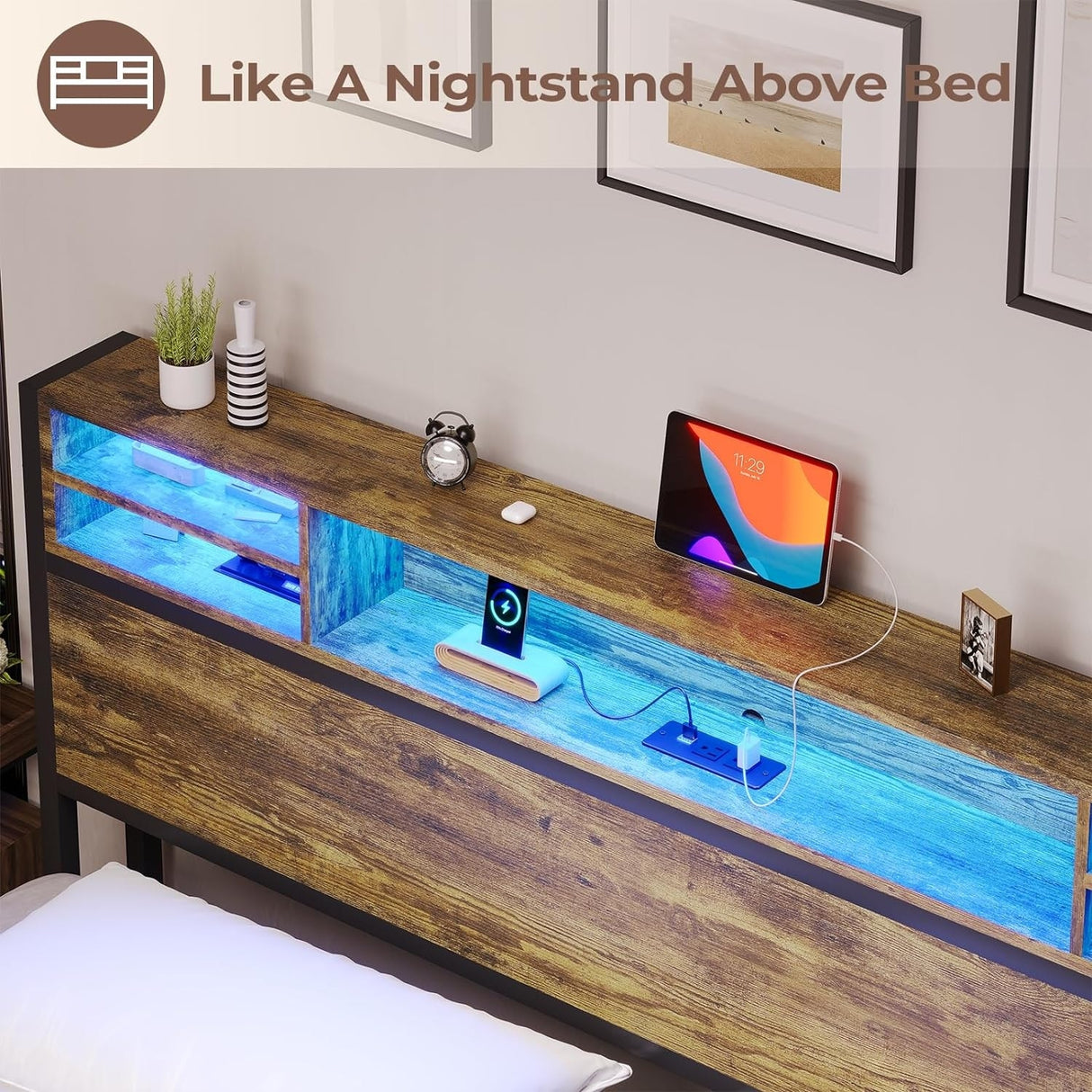 LED Queen Bed Frame with Storage Headboard