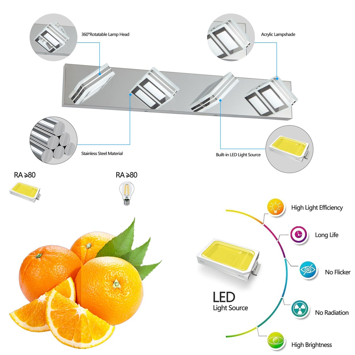 LED Stainless Steel Vanity Lights, 4-Lights Acrylic Bathroom Light