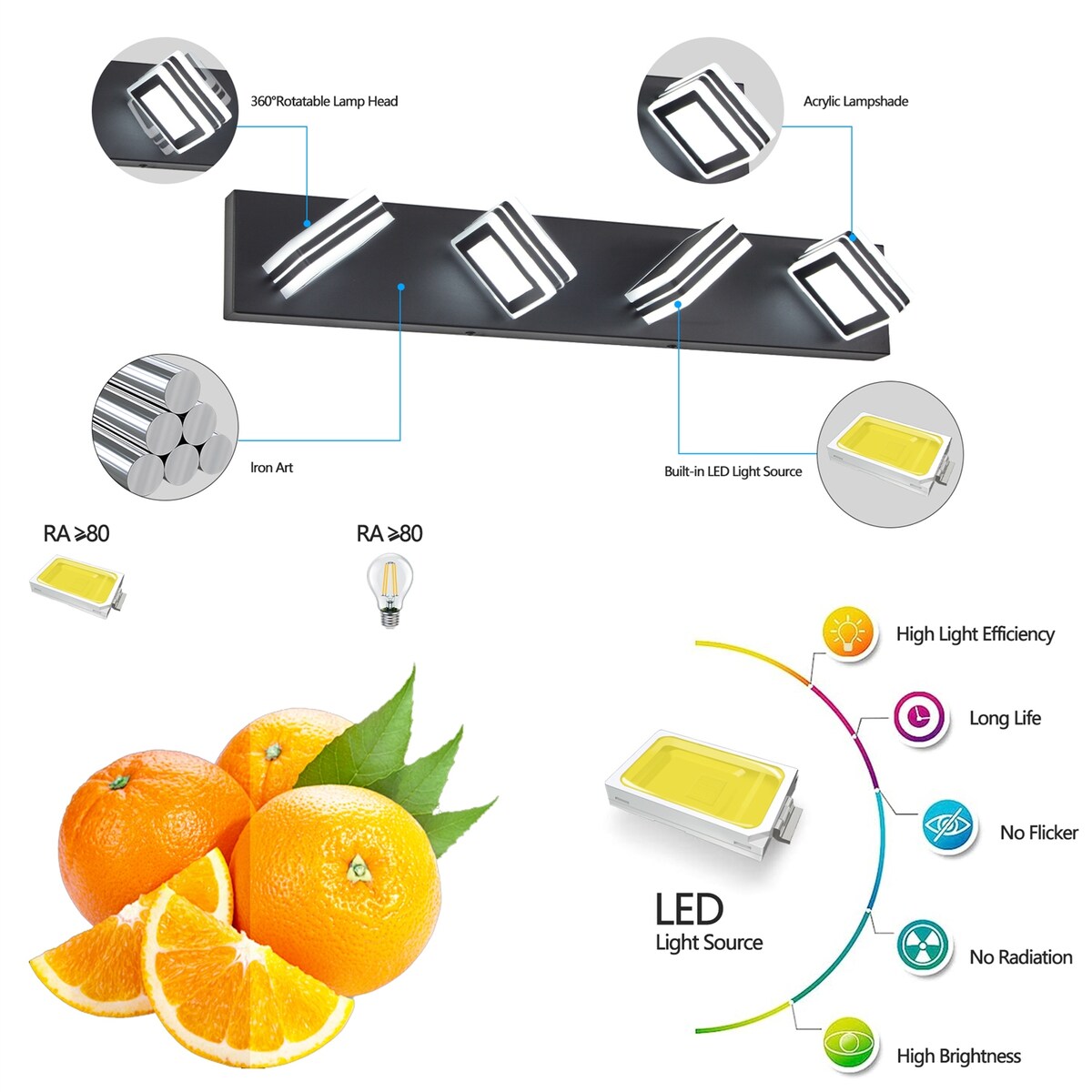 LED Stainless Steel Vanity Lights, 4-Lights Acrylic Bathroom Light