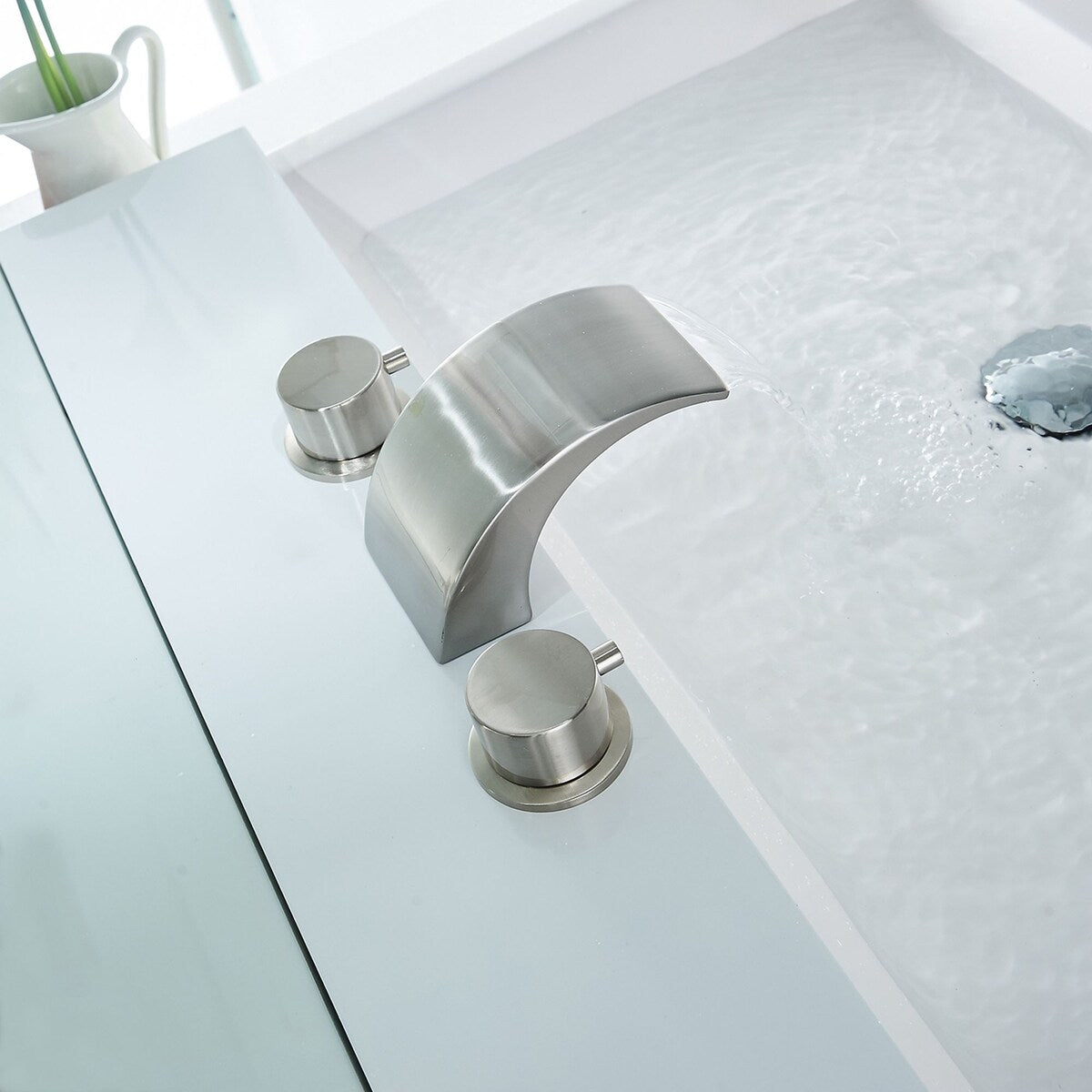 LED Waterfall Widespread Polished Nickel Bathroom Faucet