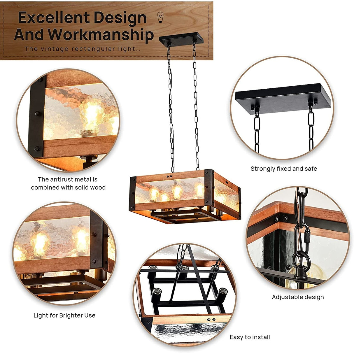 LEDONE Adjustable Height Farmhouse Ceiling Light, Rustic Square Glass Light for Kitchen Island, Home - 71
