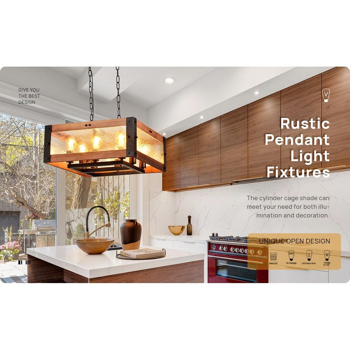 LEDONE Adjustable Height Farmhouse Ceiling Light, Rustic Square Glass Light for Kitchen Island, Home - 71
