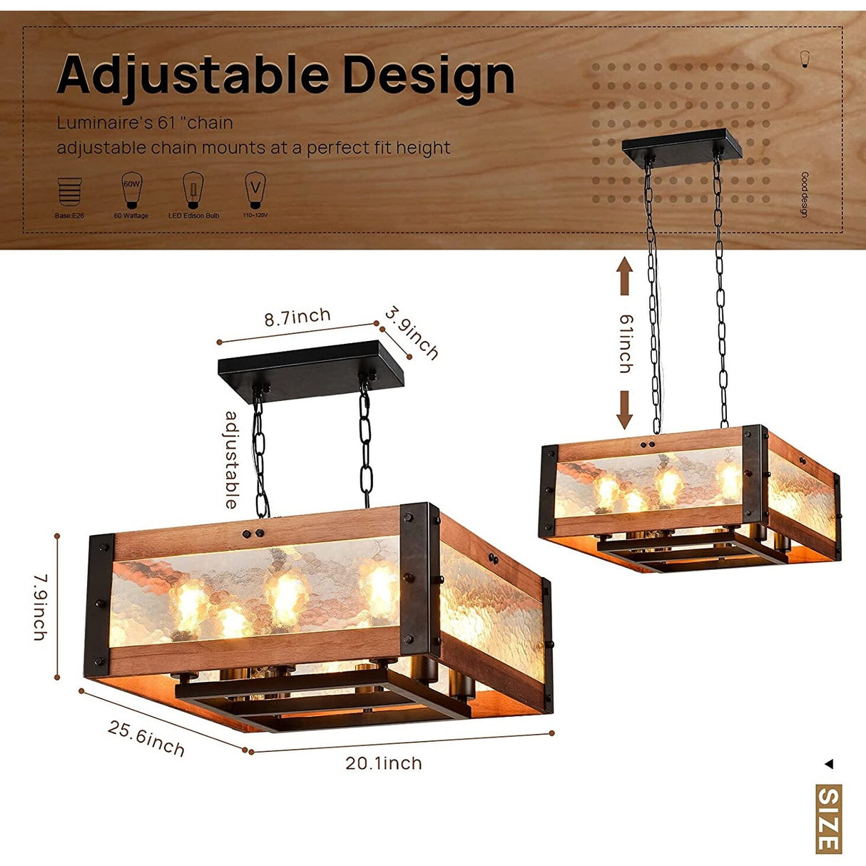 LEDONE Adjustable Height Farmhouse Ceiling Light, Rustic Square Glass Light for Kitchen Island, Home - 71