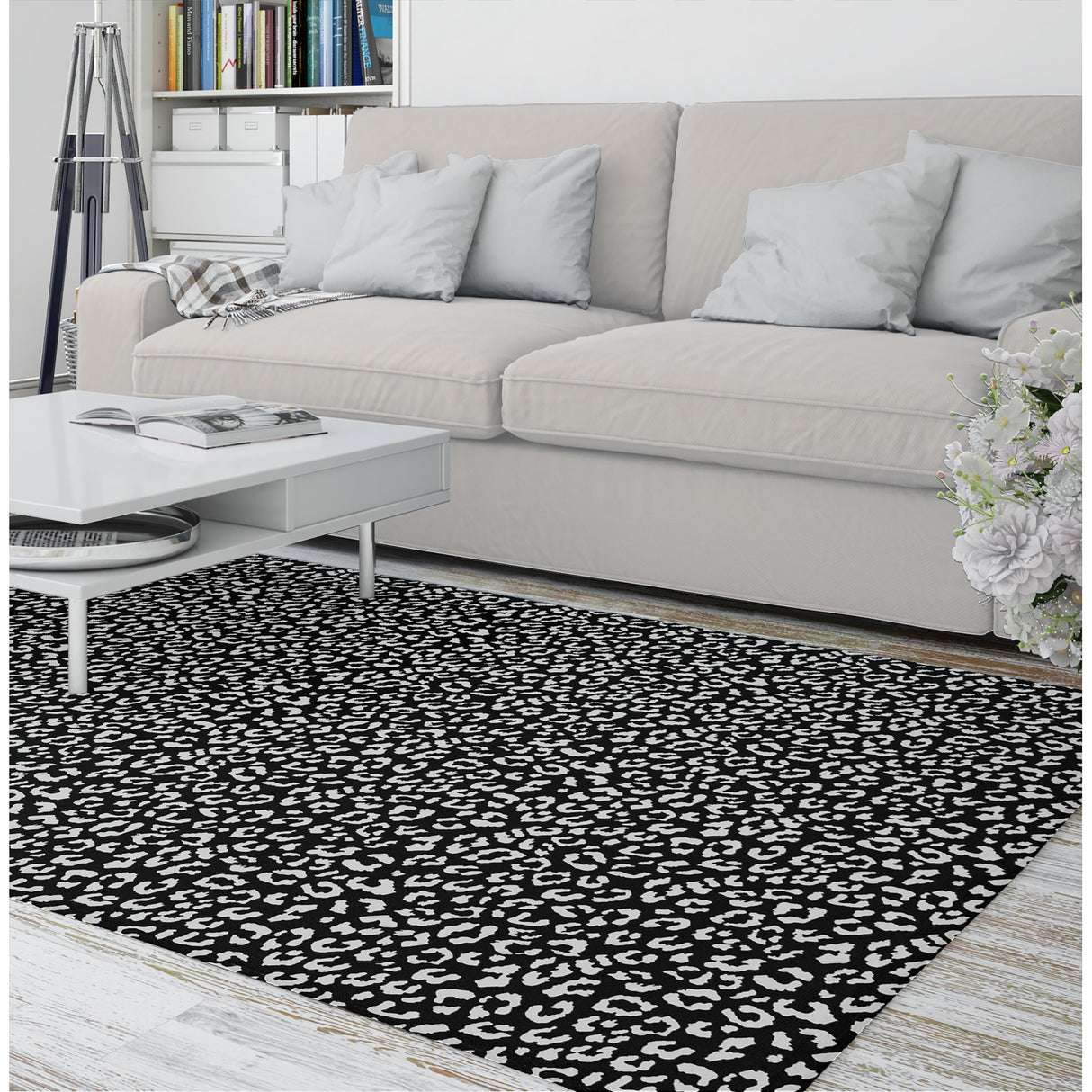 LEOPARD WHITE ON BLACK Area Rug by Marina Gutierrez