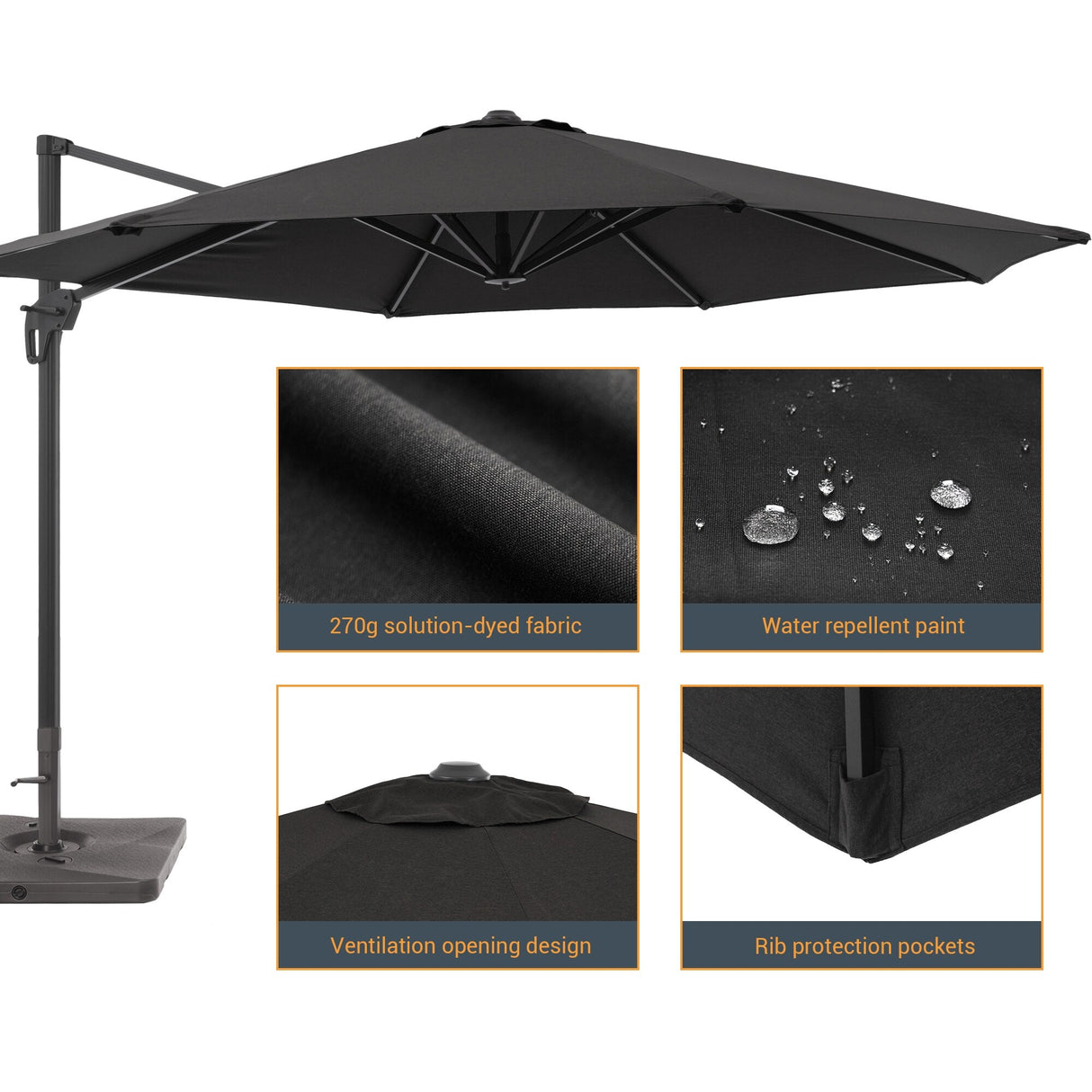 LIVOOSUN 11Ft Patio Cantilever Umbrella,Hanging Canopy Umbrella w/Base