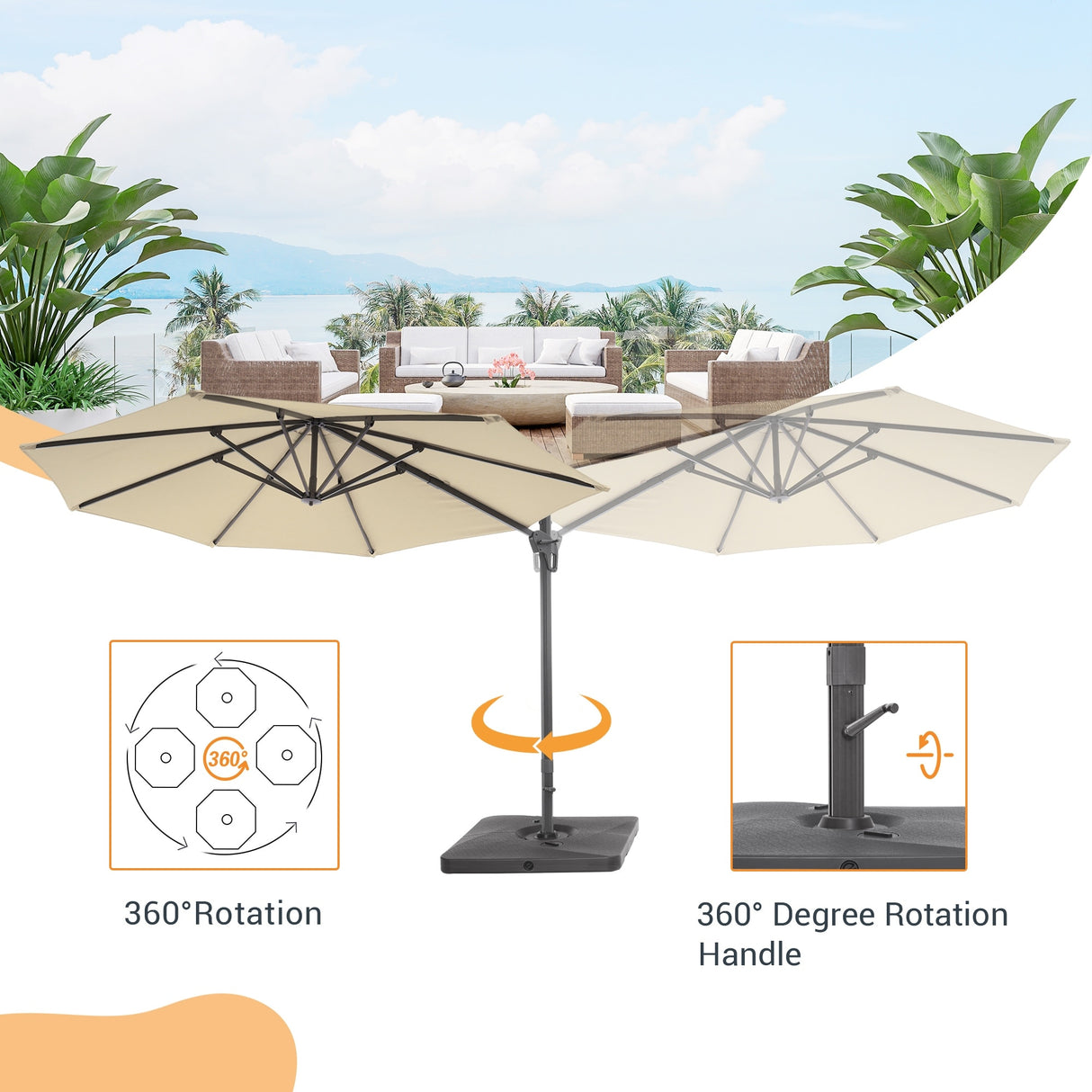 LIVOOSUN 11Ft Patio Cantilever Umbrella,Hanging Canopy Umbrella w/Base