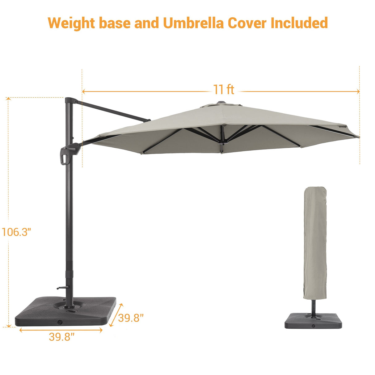 LIVOOSUN 11Ft Patio Cantilever Umbrella,Hanging Canopy Umbrella w/Base