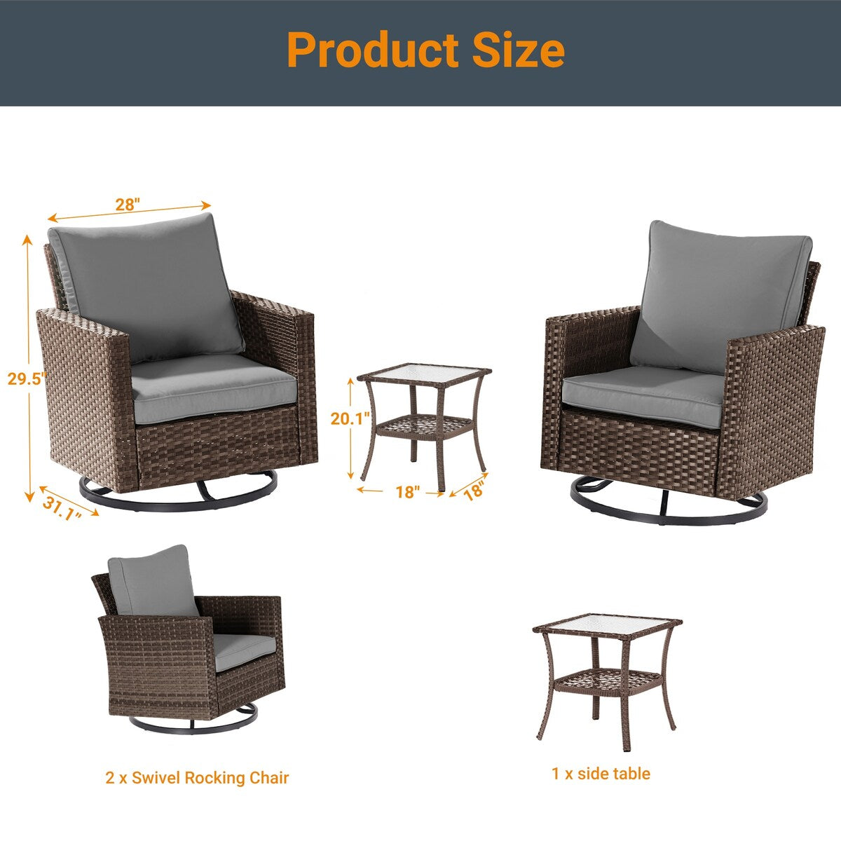 LIVOOSUN 3-Piece Patio Sofa Set Brown Rattan Swivel Rocking Chair Glass Table