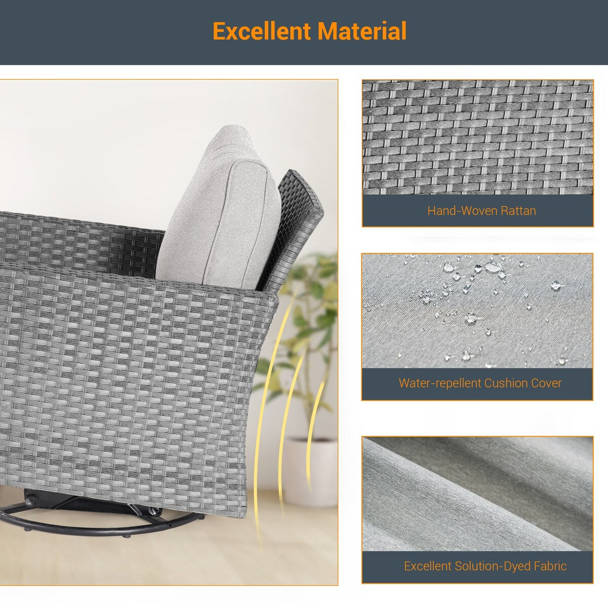 LIVOOSUN 3-Piece Patio Sofa Set Gray Rattan Swivel Rocking Chair Glass Table