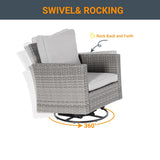 LIVOOSUN 3-Piece Patio Sofa Set Gray Rattan Swivel Rocking Chair Glass Table