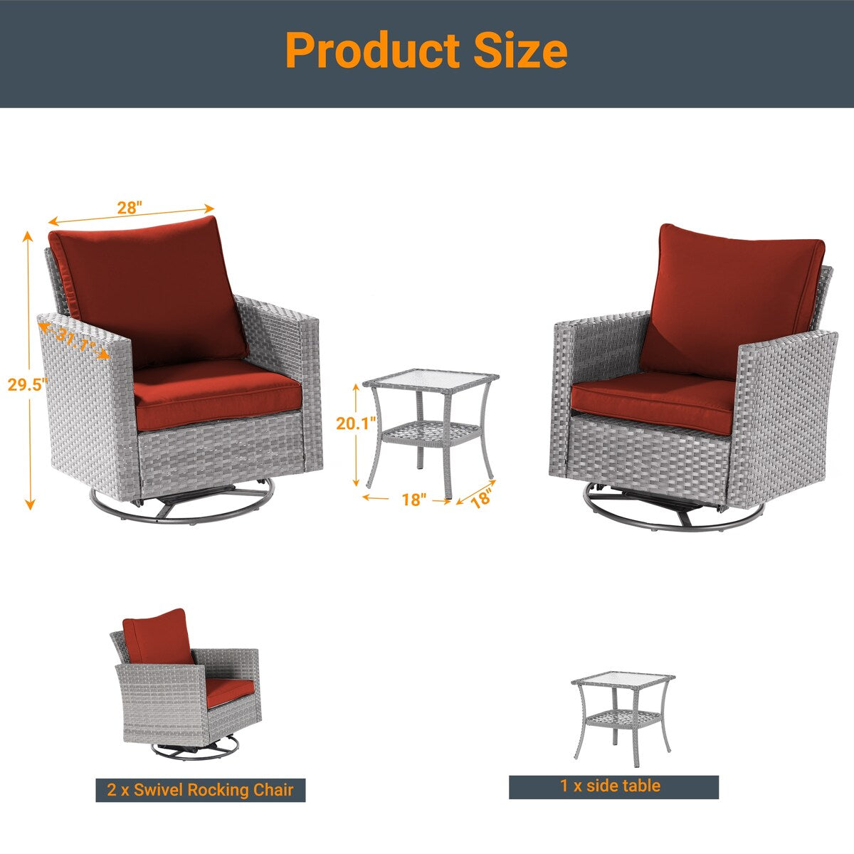 LIVOOSUN 3-Piece Patio Sofa Set Gray Rattan Swivel Rocking Chair Glass Table