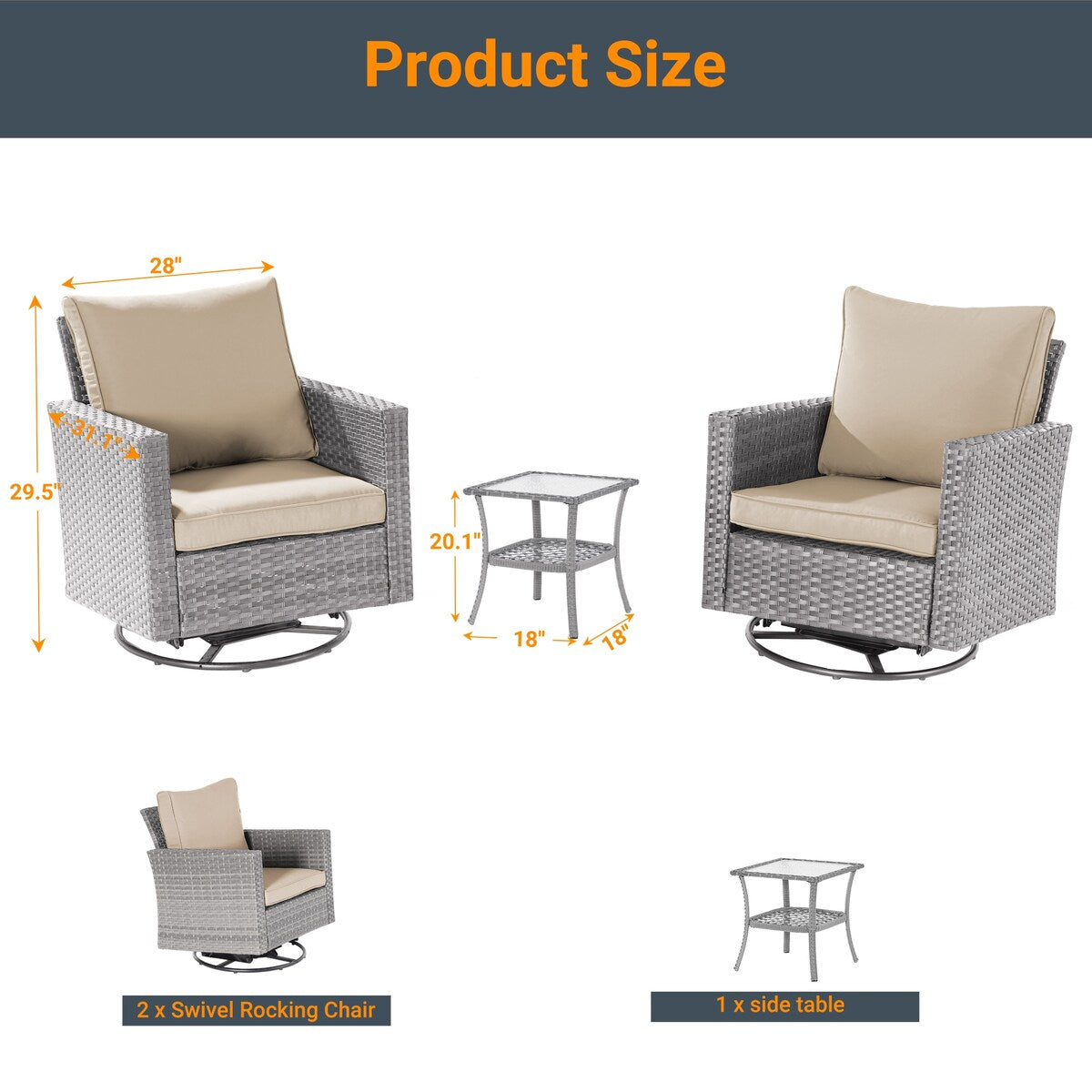 LIVOOSUN 3-Piece Patio Sofa Set Gray Rattan Swivel Rocking Chair Glass Table