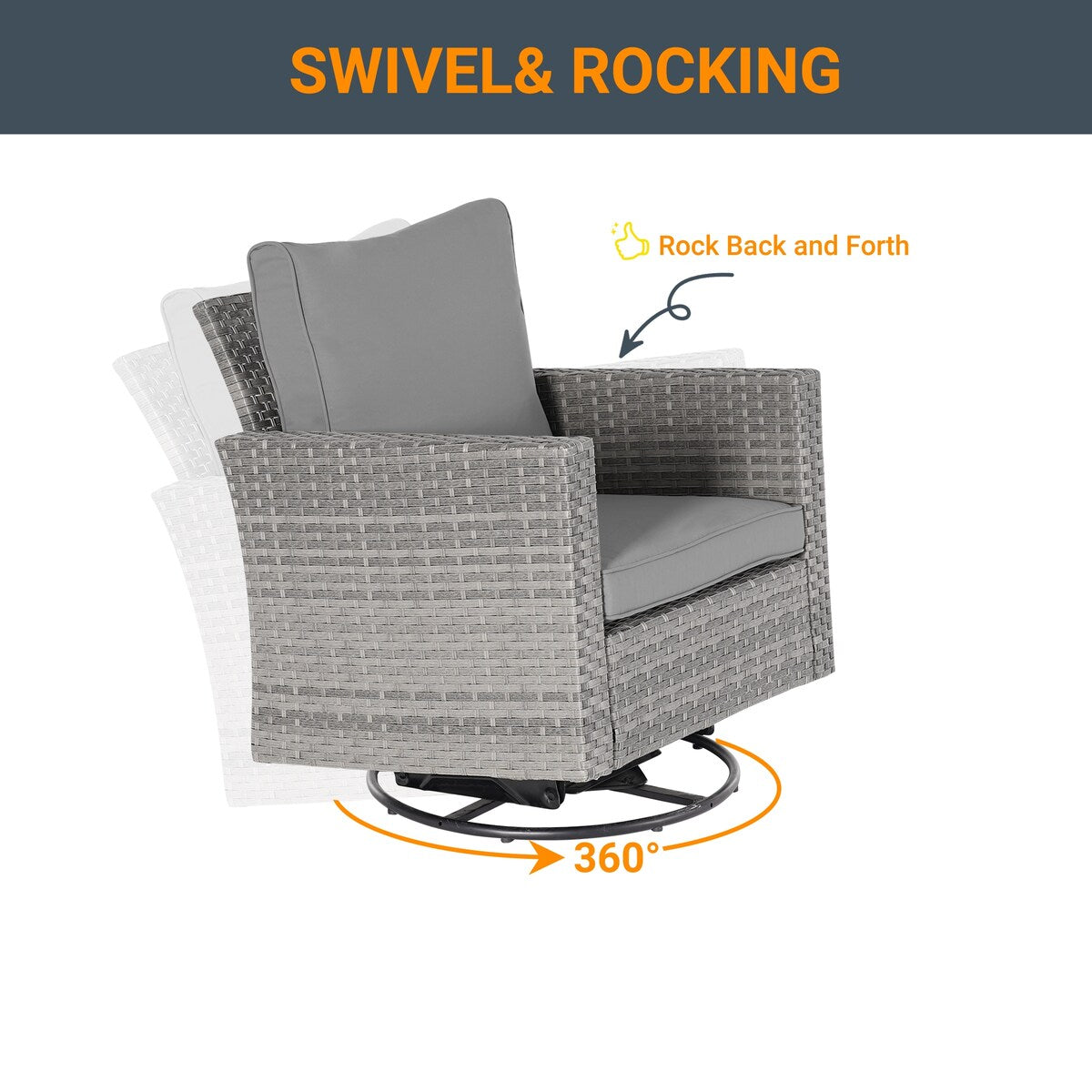 LIVOOSUN 3-Piece Patio Sofa Set Gray Rattan Swivel Rocking Chair Glass Table