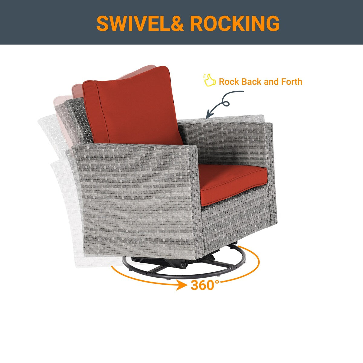 LIVOOSUN 3-Piece Patio Sofa Set Gray Rattan Swivel Rocking Chair Glass Table