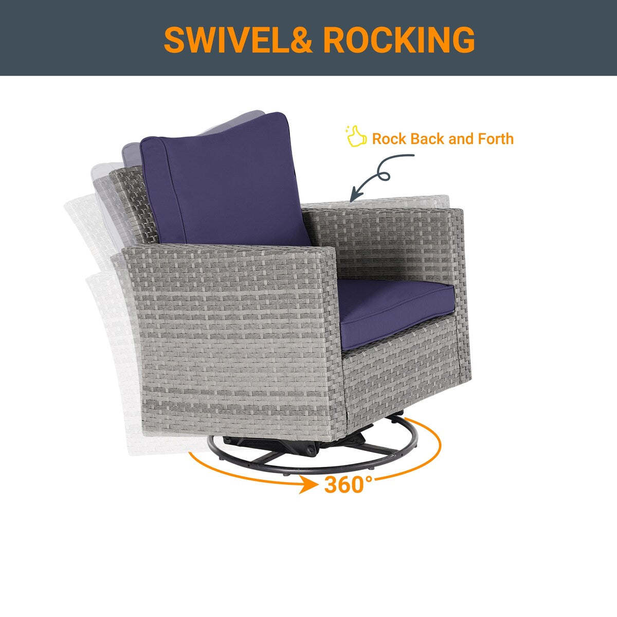 LIVOOSUN 3-Piece Patio Sofa Set Gray Rattan Swivel Rocking Chair Glass Table