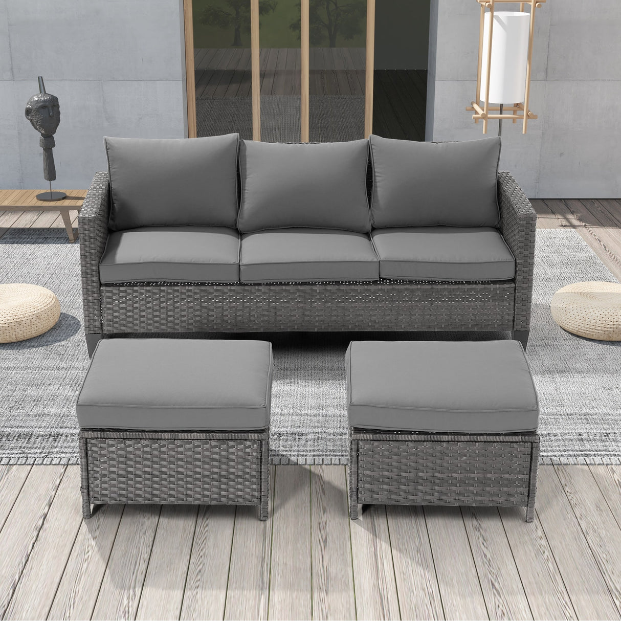 LIVOOSUN 3Pcs Patio Furniture Conversation Grey Rattan Patio Sofa Set
