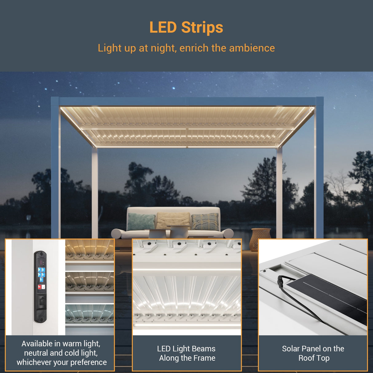 LIVOOSUN LED 10x13ft Aluminum Patio Louvered Pergola with Solar Panel