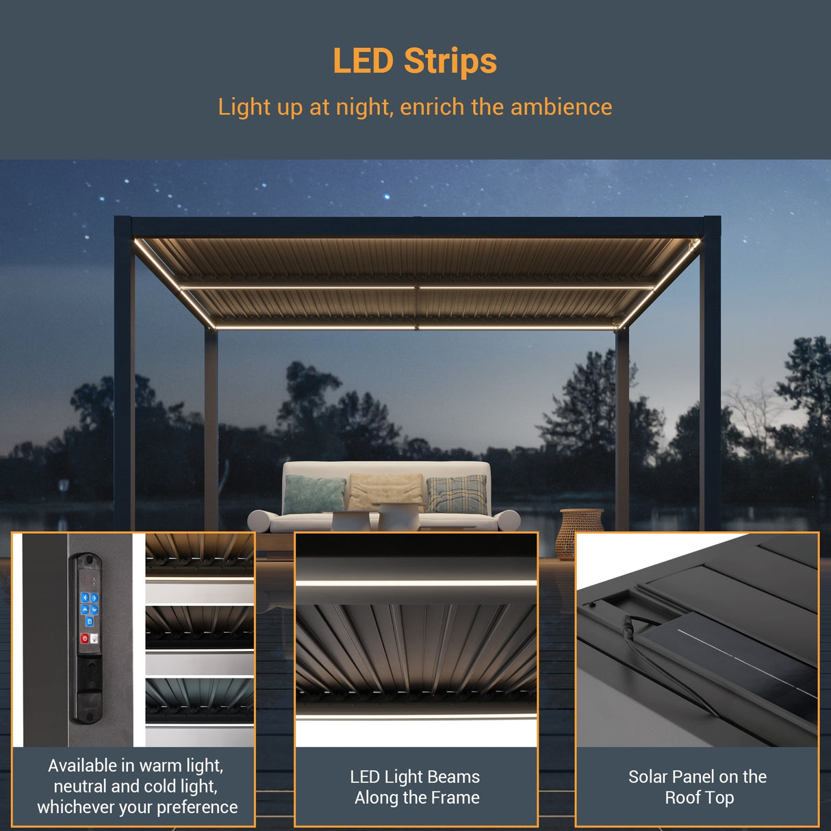LIVOOSUN LED 10x13ft Aluminum Patio Louvered Pergola with Solar Panel