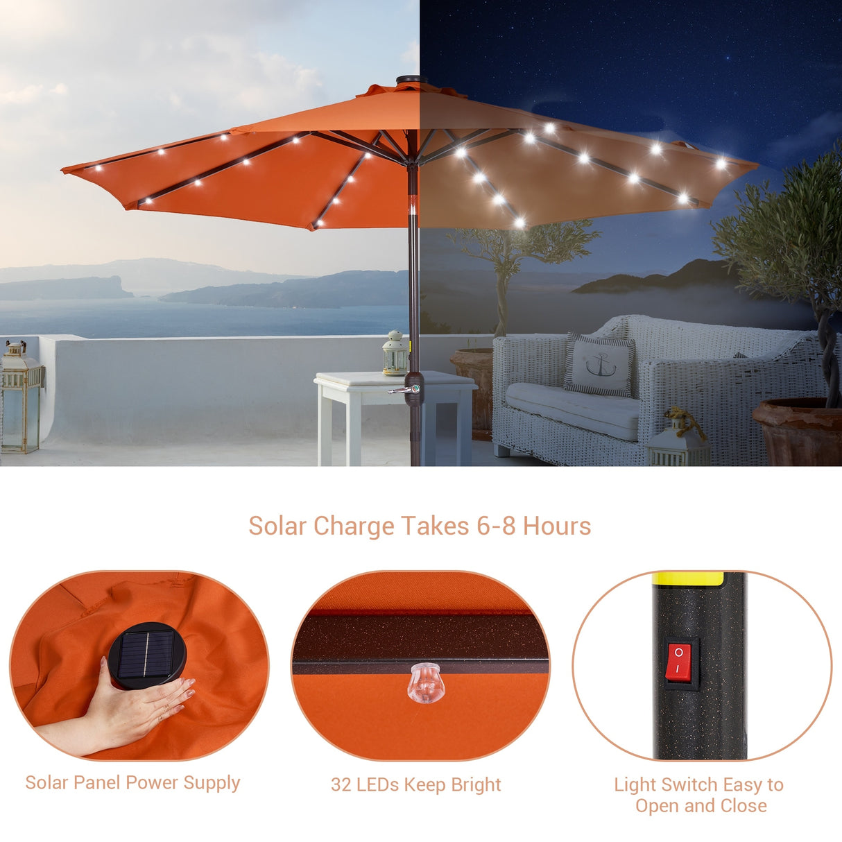 LIVOOSUN LED 9ft Patio Umbrella Market Umbrella Steel Tilt w/Crank