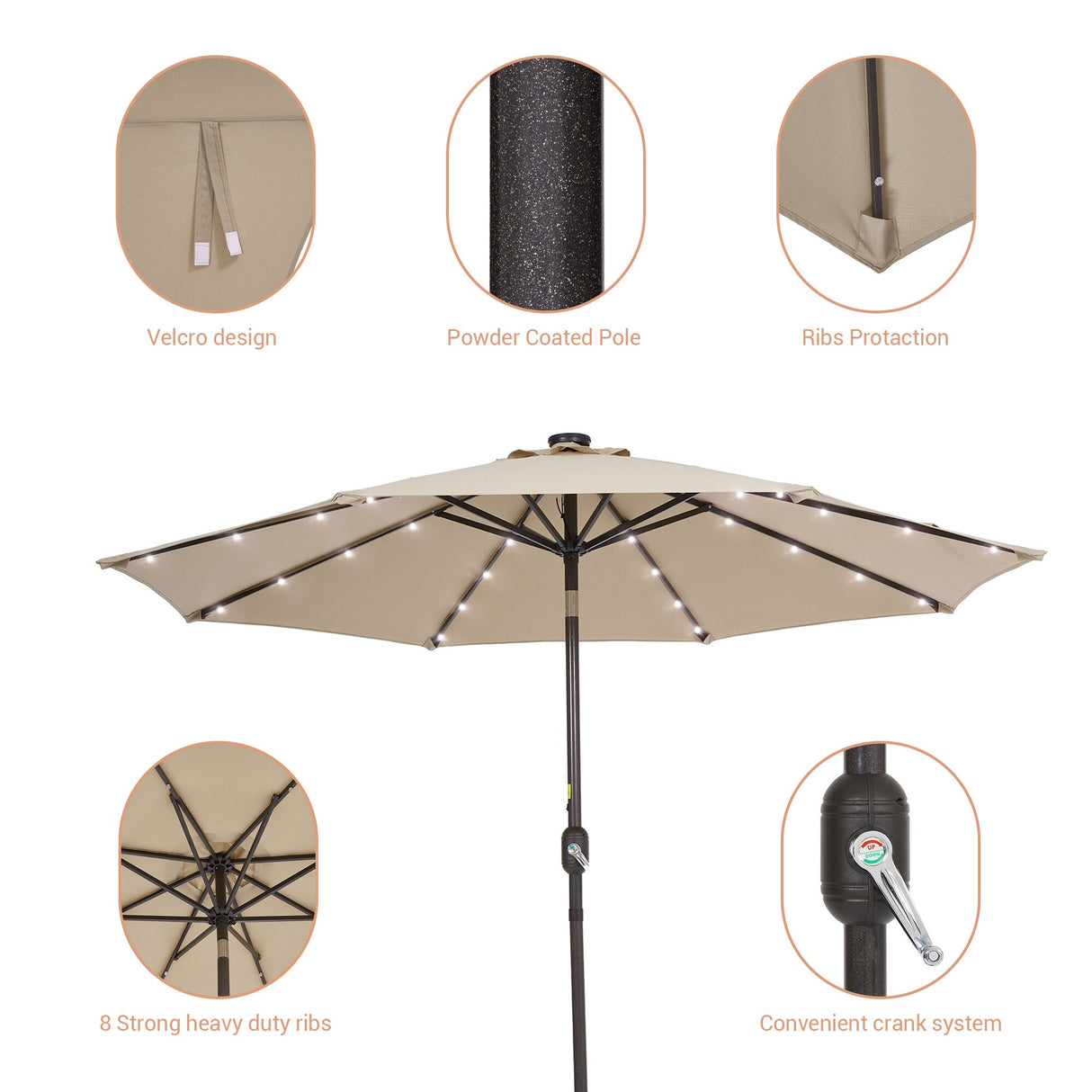 LIVOOSUN LED 9ft Patio Umbrella Market Umbrella Steel Tilt w/Crank
