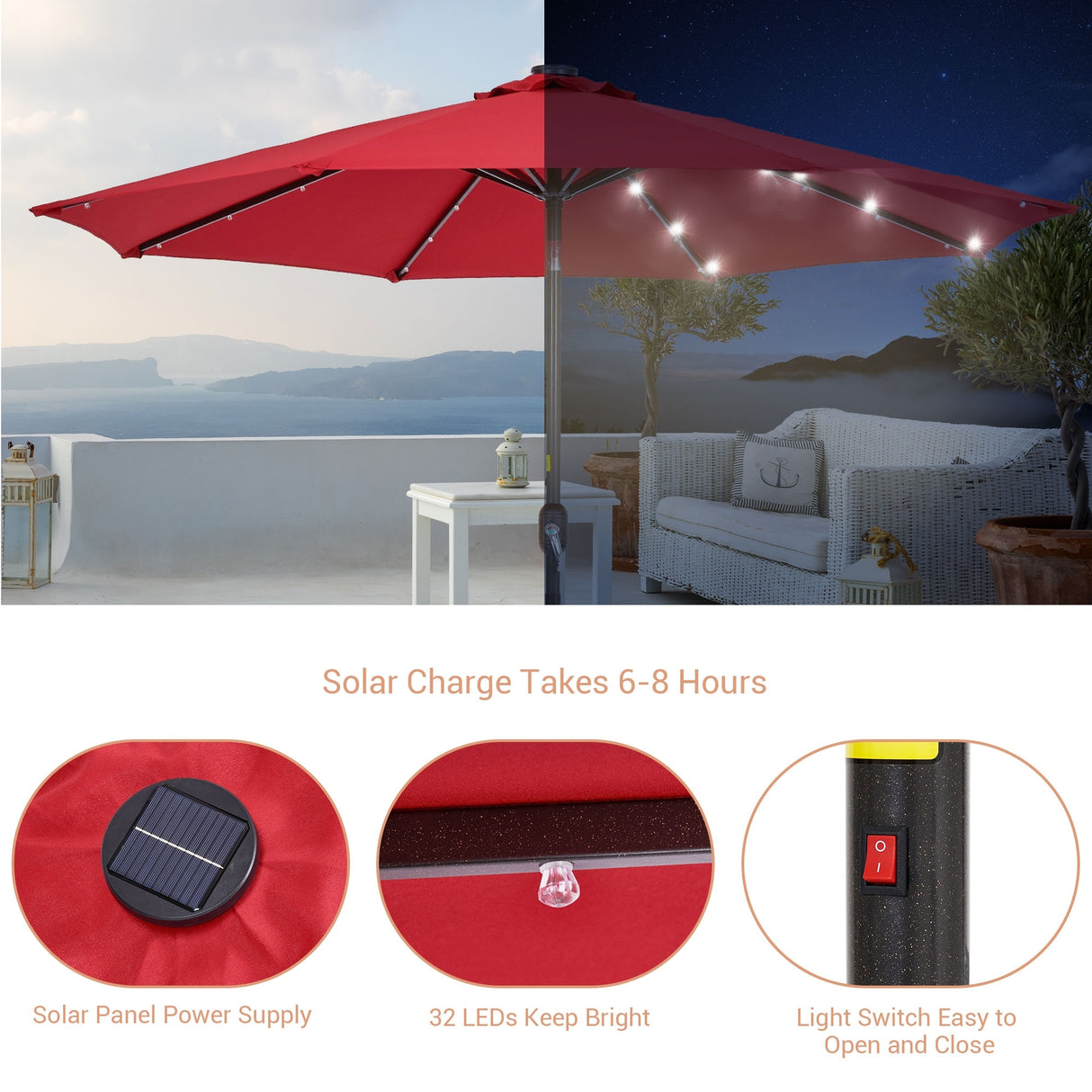 LIVOOSUN LED 9ft Patio Umbrella Market Umbrella Steel Tilt w/Crank