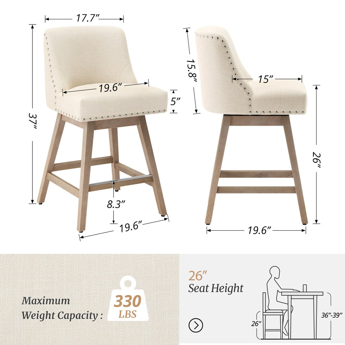 LUE BONA 26 in. Counter Height Upholstered Wood Frame Swivel Bar Stool with Farbic Seat - 19.6"D x 19.6"W x 37"H