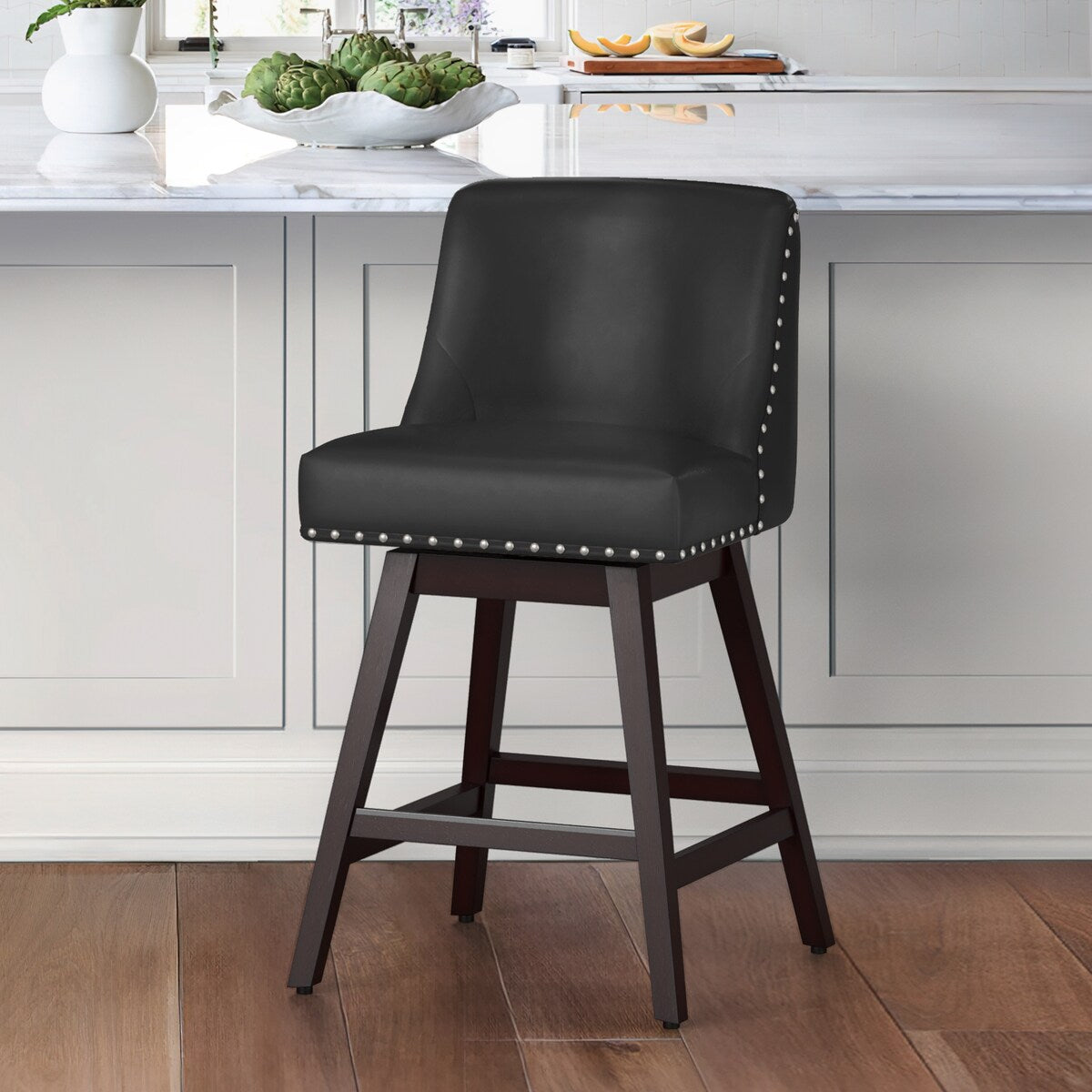 LUE BONA 26 in. Counter Height Upholstered Wood Frame Swivel Bar Stool with Farbic Seat - 19.6"D x 19.6"W x 37"H
