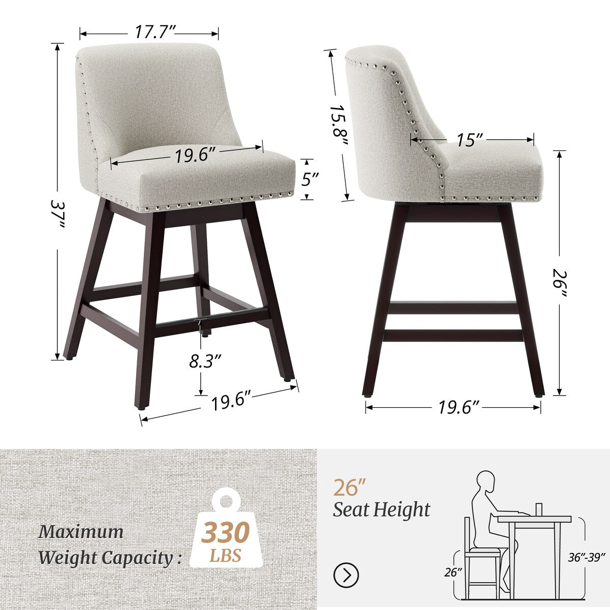LUE BONA 26 in. Counter Height Upholstered Wood Frame Swivel Bar Stool with Farbic Seat - 19.6"D x 19.6"W x 37"H