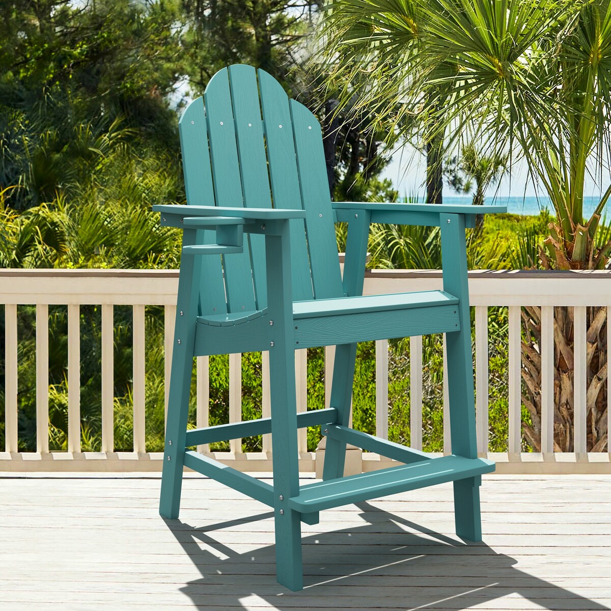 LUE BONA All Weather Plastic Outdoor Bar Stool Adirondack Chairs Bar Height Arm Chairs with Cup Holder for Balcony, Deck, Patio