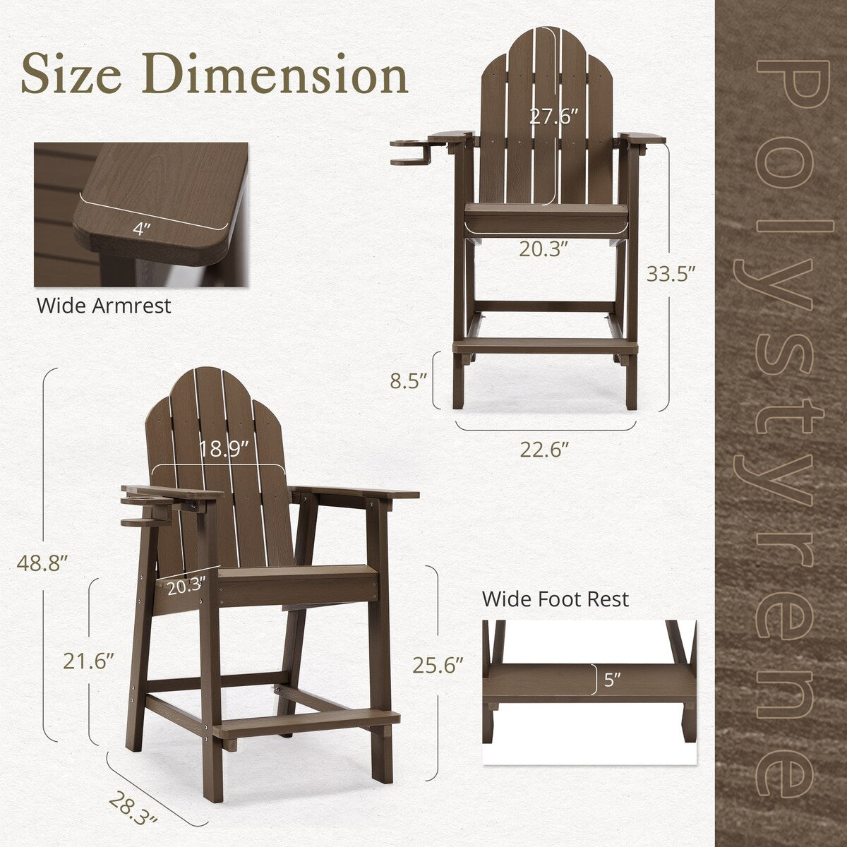 LUE BONA All Weather Plastic Outdoor Bar Stool Adirondack Chairs Bar Height Arm Chairs with Cup Holder for Balcony, Deck, Patio