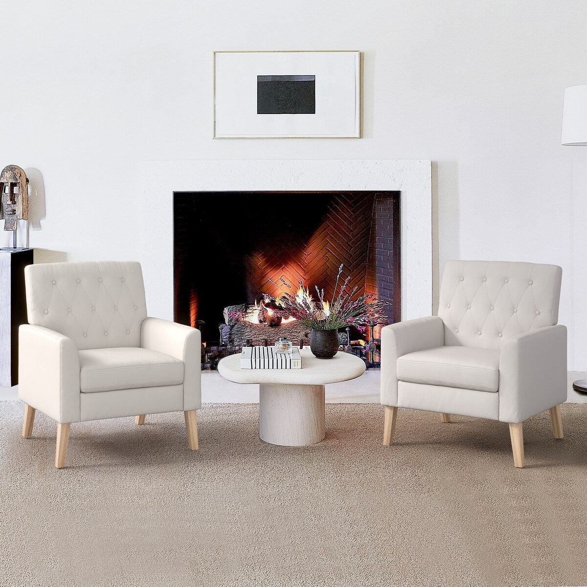 LUE BONA Linen Accent Chair Comfy Living Room Chair with Arms Upholstered Button Tufted Armchair Modern Arm Chairs Set Of 2