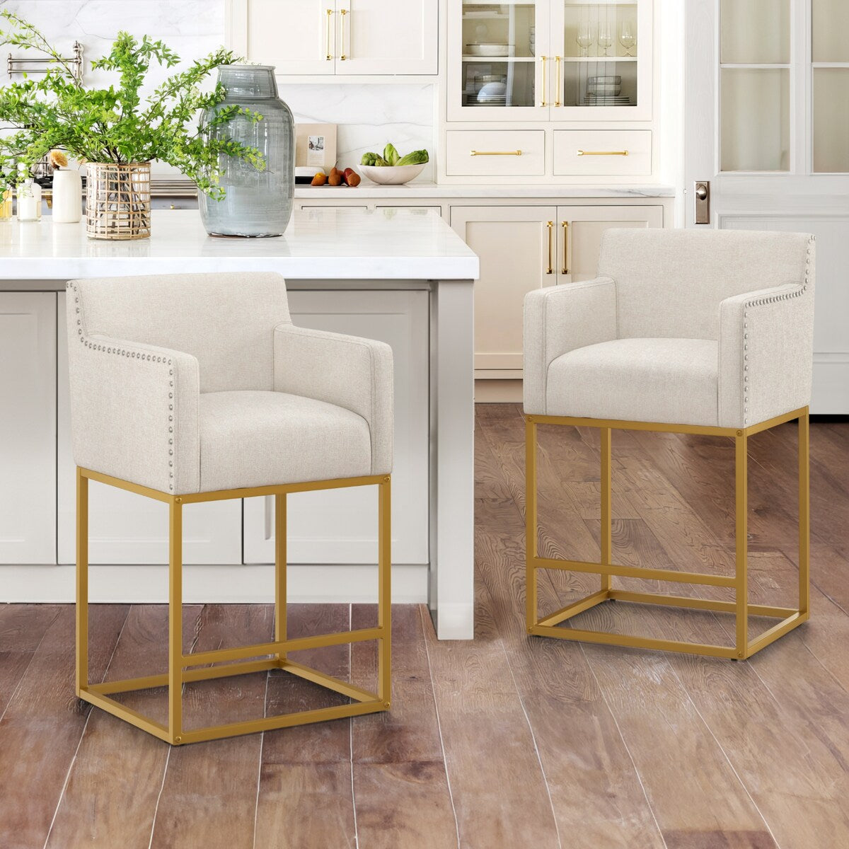 LUE BONA Modern Counter Height Bar Stools Fabric Upholstered Counter Stool