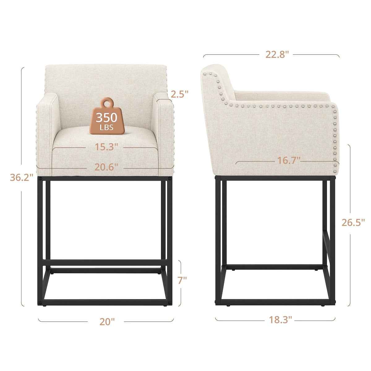 LUE BONA Modern Counter Height Bar Stools Fabric Upholstered Counter Stool