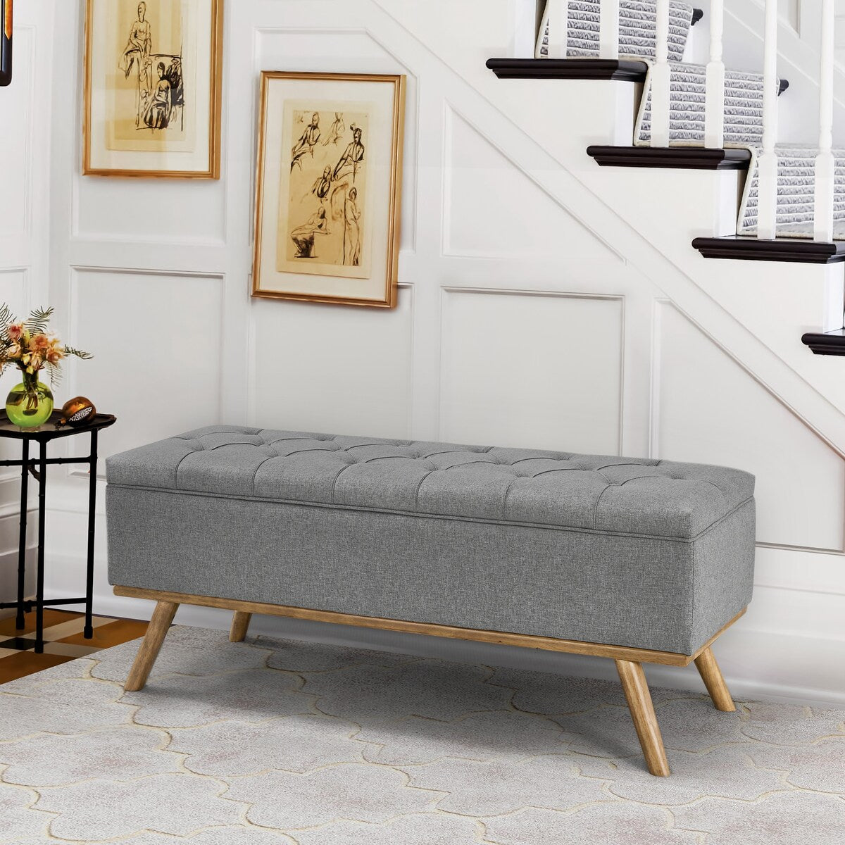 LUE BONA Modern Upholstered Storage Ottoman Button Tufted Storage Bench with Linen Seat End of Bed - 17.5 D X 50.4 W X 20.5 H