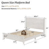 LUE BONA Pine Platform Bed with Distressed Headboard, Solid Wood Queen Bed Frame/King Bed Frame/Full Bed Frame