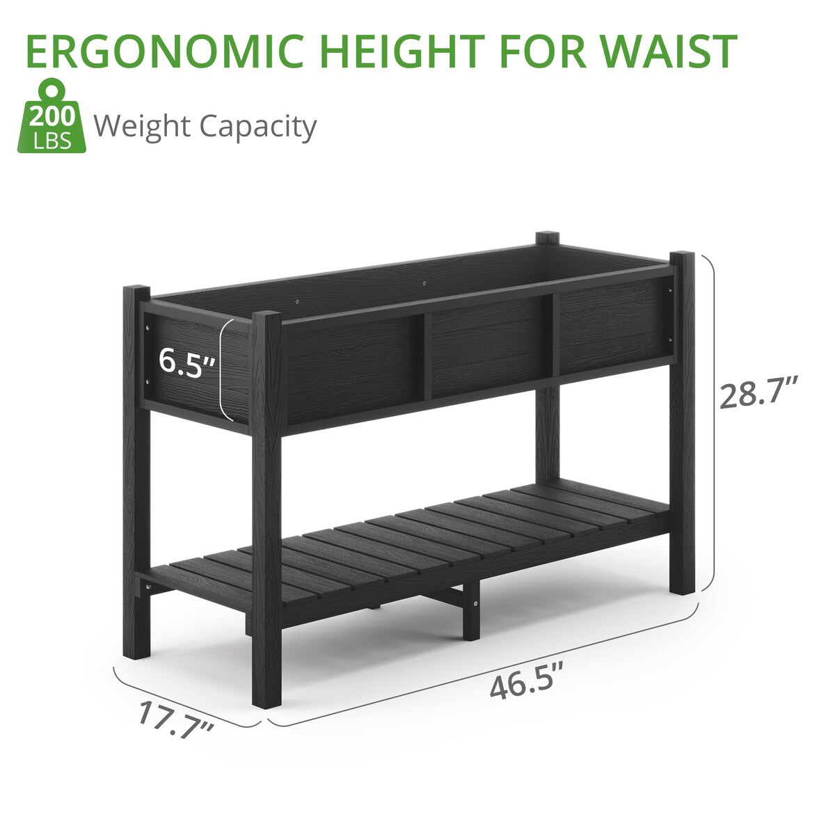 LUE BONA Plastic Raised Garden Bed with Legs Elevated Planter Box for Backyard, Patio, or Balcony - 46.5"L x 17.7"W x 28.7"H
