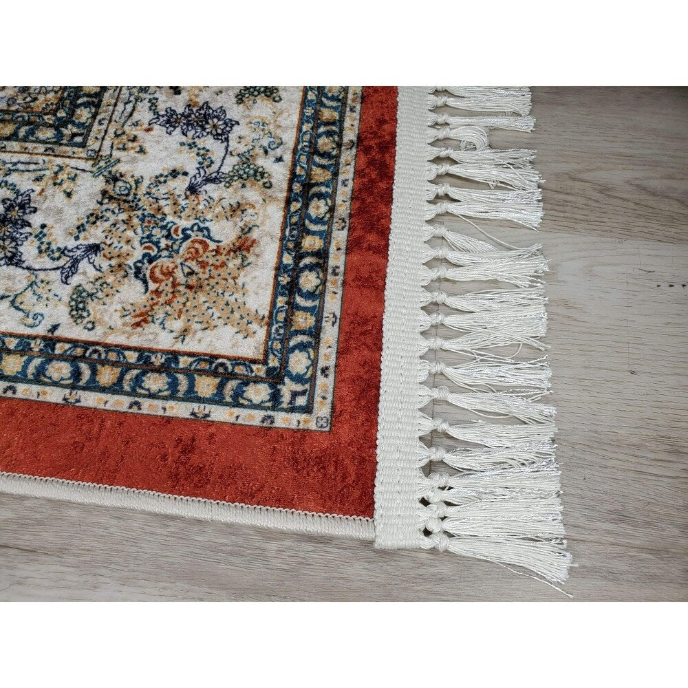 La Dole Rugs Red Blue Silver Grey Bordered Flat Pile Machine Washable Area Rug Carpet Living Room Patio 5x7 8x10 7X9 feet