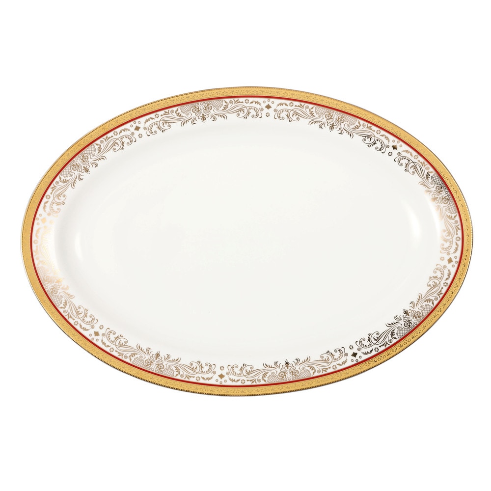 La Luna Collection Bone China 57 Piece Red and 24K Gold Design Dinnerware Set, Service for 8 by Lorren Home Trends.