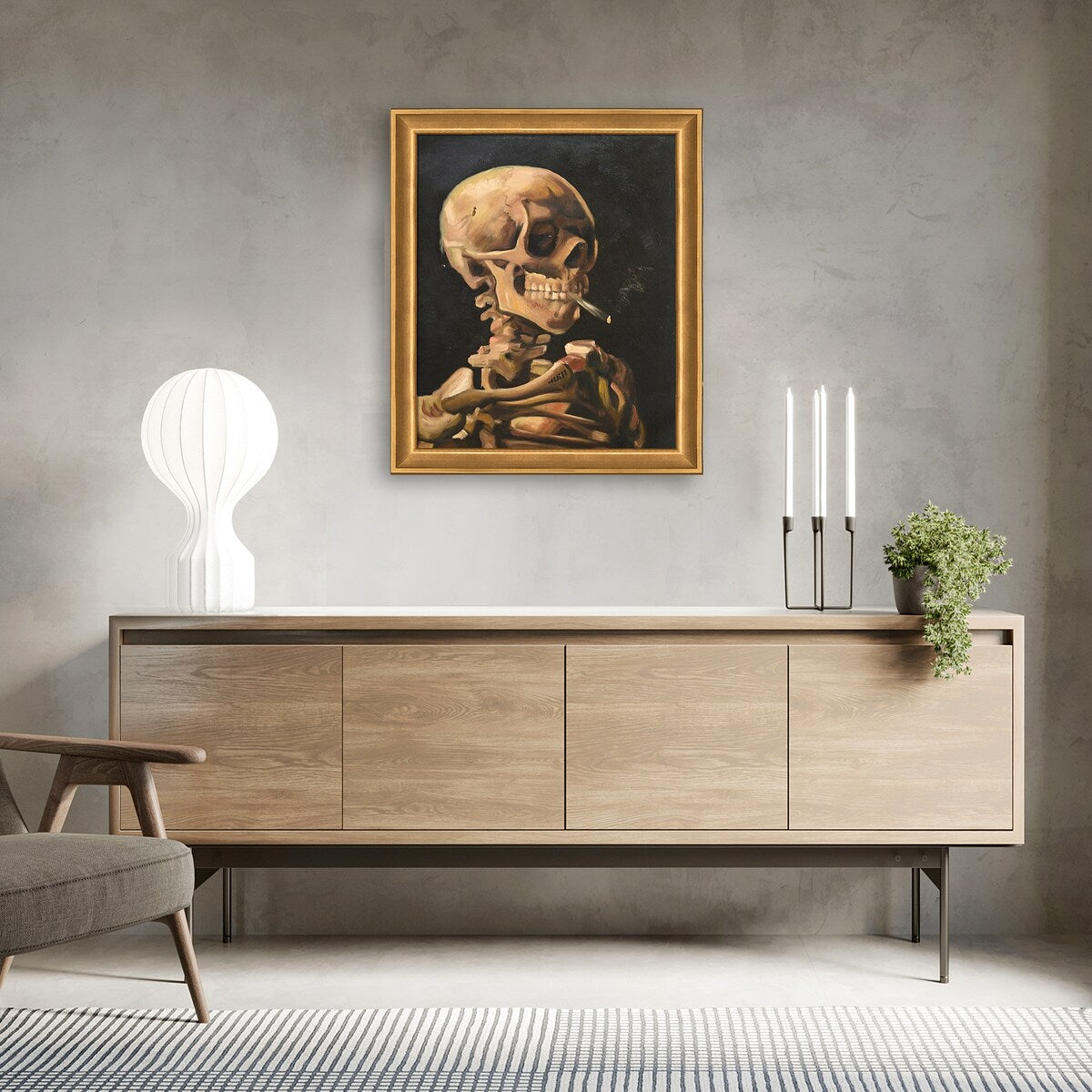 La Pastiche Skull of a Skeleton with Burning Cigarette with Muted Gold Glow, 24" x 28"