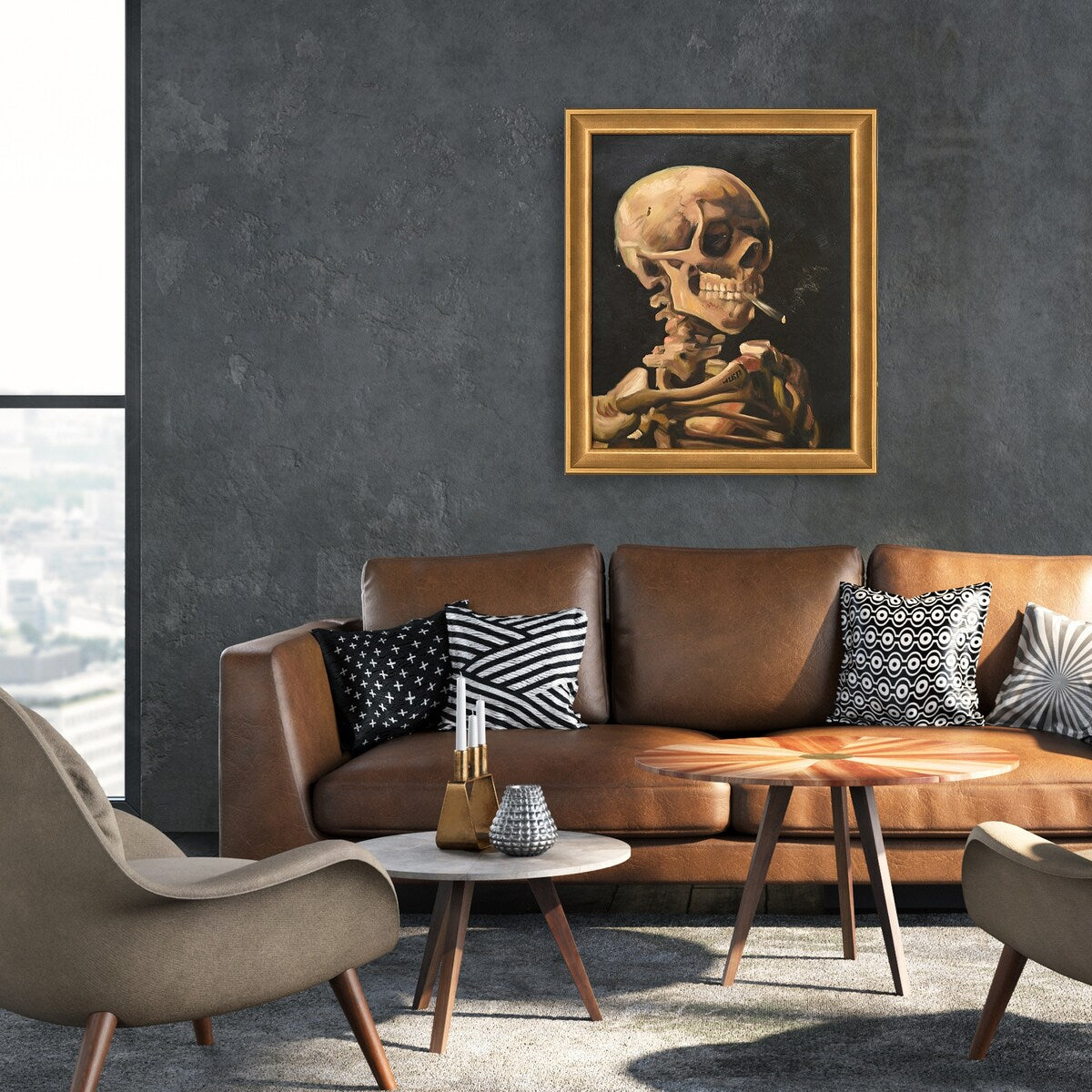 La Pastiche Skull of a Skeleton with Burning Cigarette with Muted Gold Glow, 24" x 28"