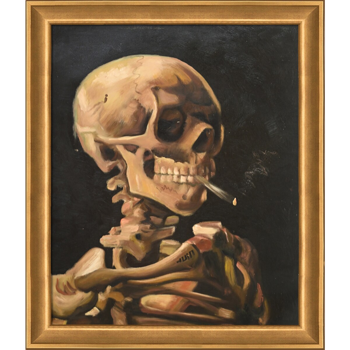La Pastiche Skull of a Skeleton with Burning Cigarette with Muted Gold Glow, 24" x 28"