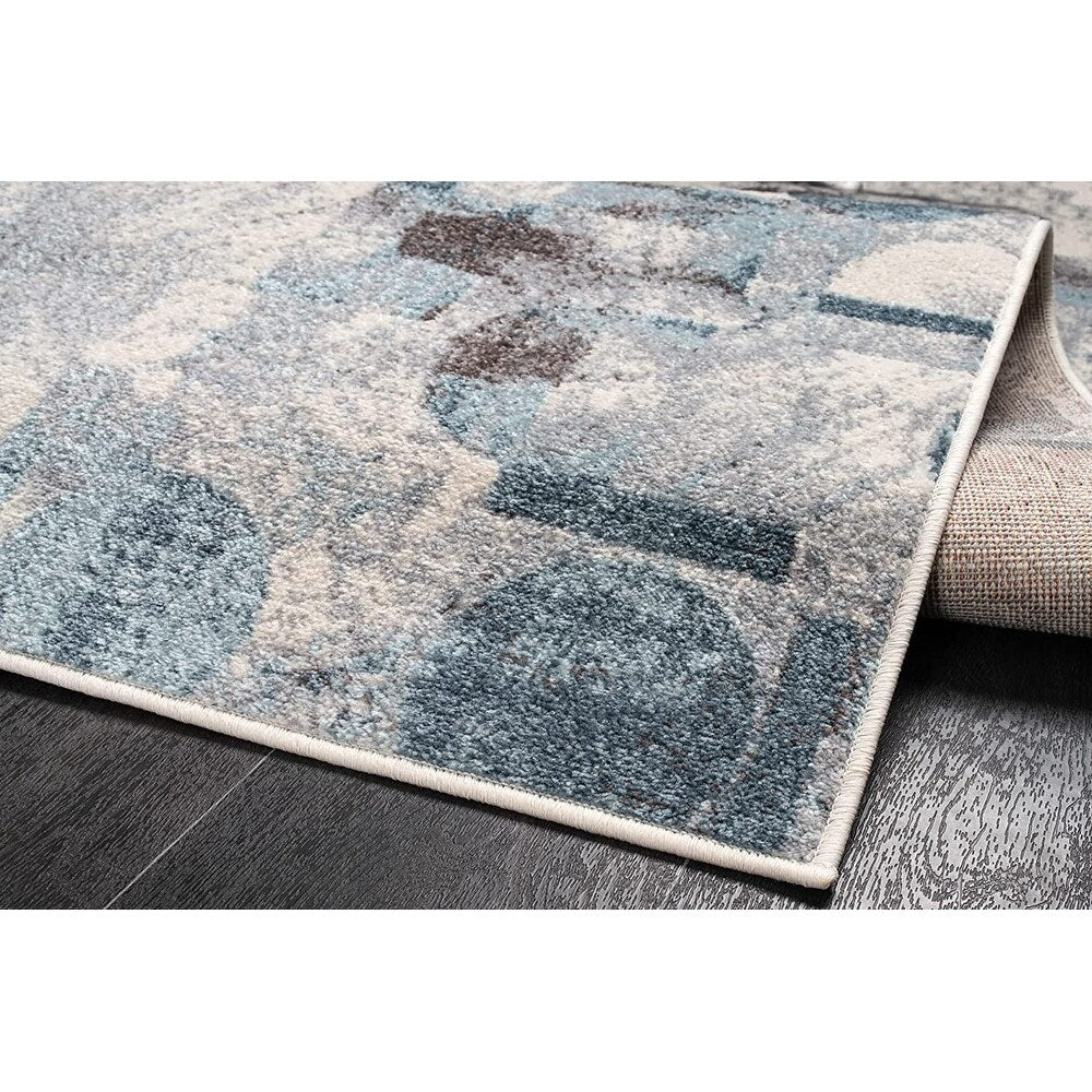 LaDole Abstract Rustic Modern Contemporary Area Rug - Durable Carpet for Livingroom Bedroom, Blue, Brown, and Ivory, 6x9