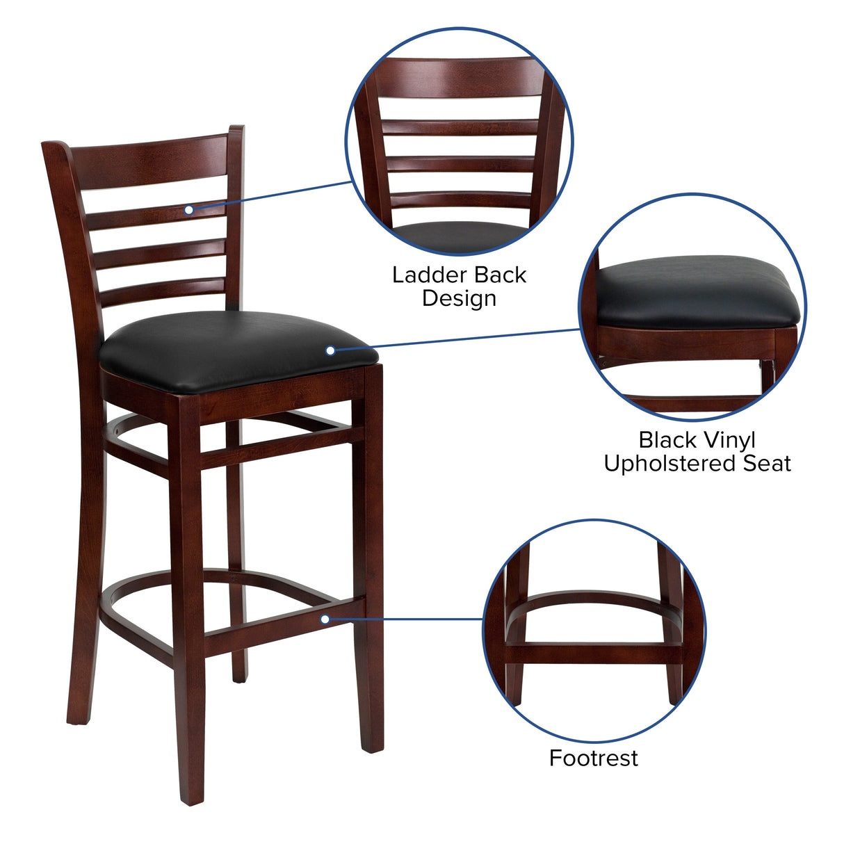 Ladder Back Wooden Restaurant Barstool - 16.75"W x 19"D x 43.75"H - 16.75"W x 19"D x 43.75"H