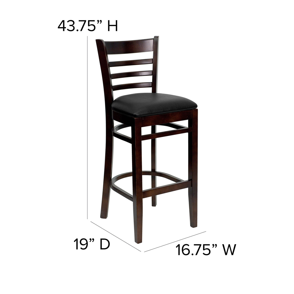 Ladder Back Wooden Restaurant Barstool - 16.75"W x 19"D x 43.75"H - 16.75"W x 19"D x 43.75"H