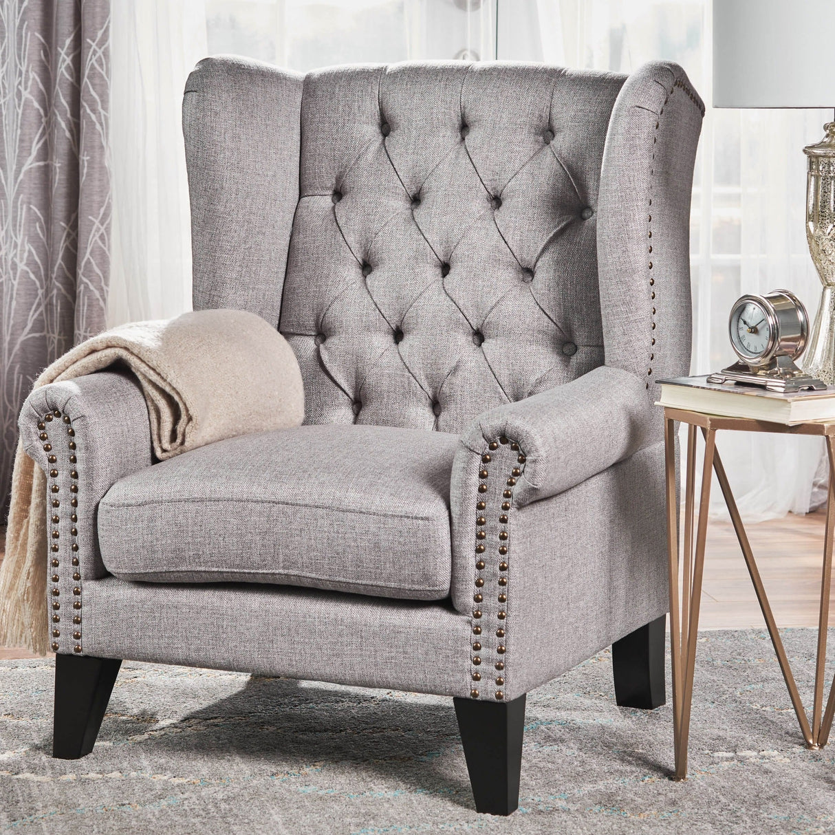 Laird Winged Tufted Studded Fabric Club Chair by Christopher Knight Home